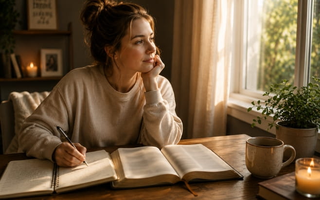 woman sitting at desk journaling