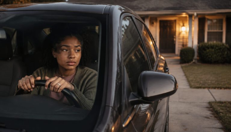 woman sitting in car looking stressed