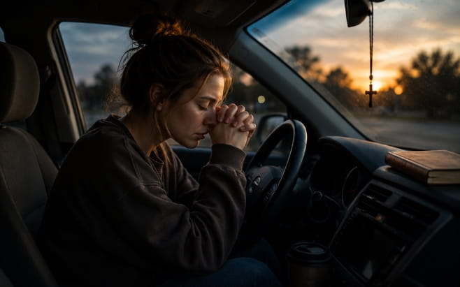 woman sitting in car praying