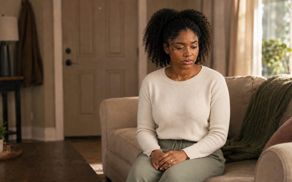 woman sitting on couch looking down