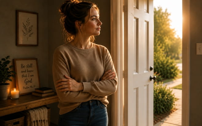 woman standing in front of open door