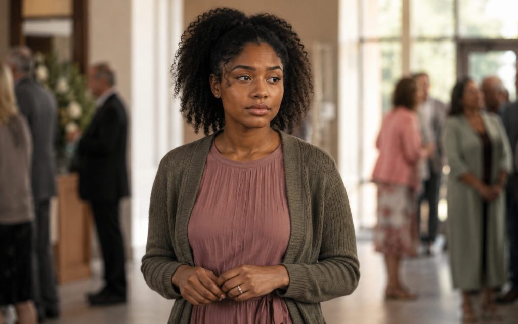 woman standing alone in church lobby