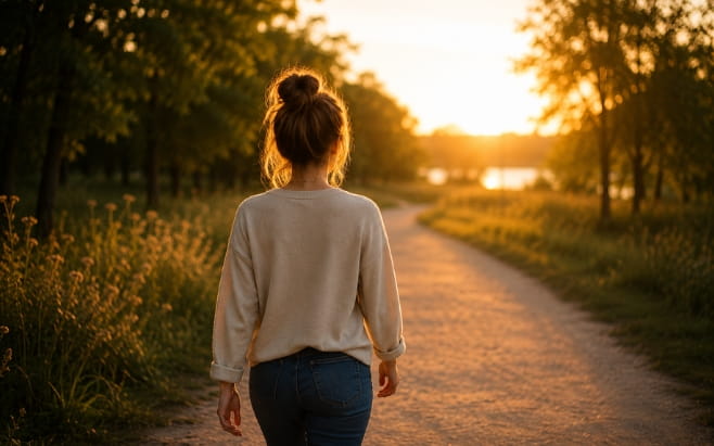 woman walking on sunlit path